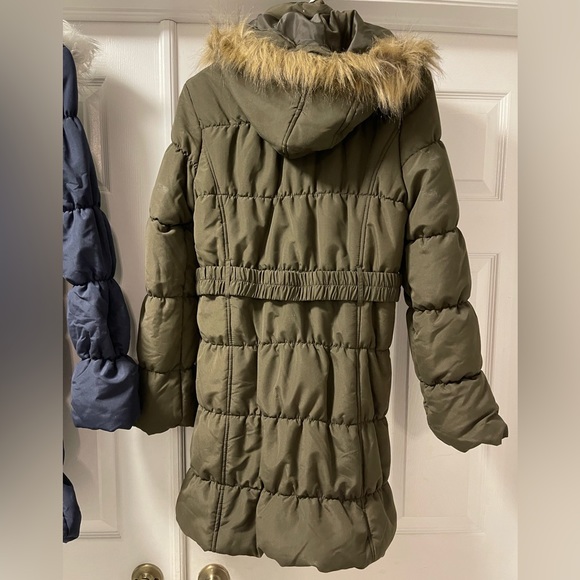 M/L Women’s Winter Puffer Quilted Coat jacket with fur around hoodie Navy /Green - Picture 4 of 9